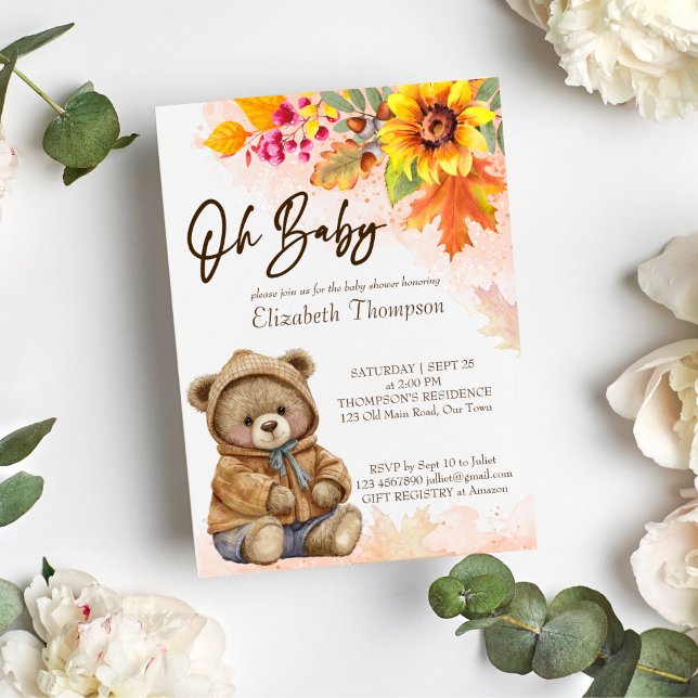 Convite Chá de fraldas foliar de outono do urso de pelúcia (Cute teddy bear fall baby shower invitation template instant download oh baby invite autumn foliage)