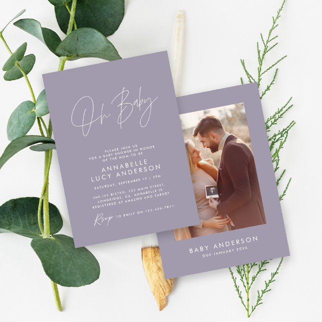 Convite Chá de fraldas, foto lilac roxa elegante moderna (Criador carregado)