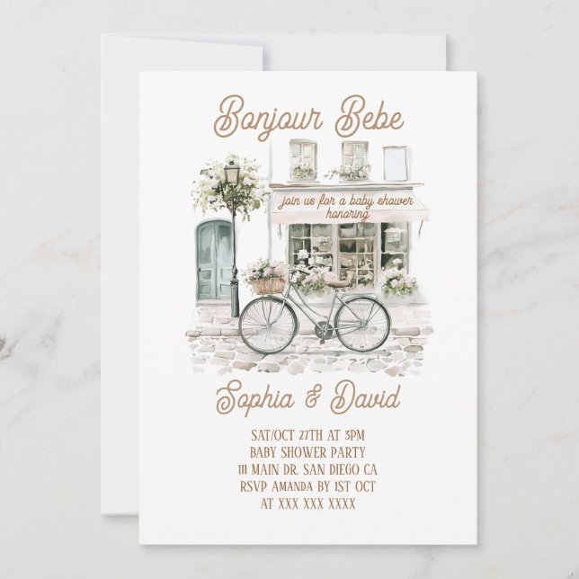 Convite Chá de fraldas Francês Bonjour Bebe Floral (Frente)