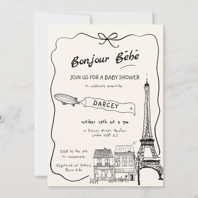 Convite Chá de fraldas Francês de Bonjour Bebe Drawn (Frente)