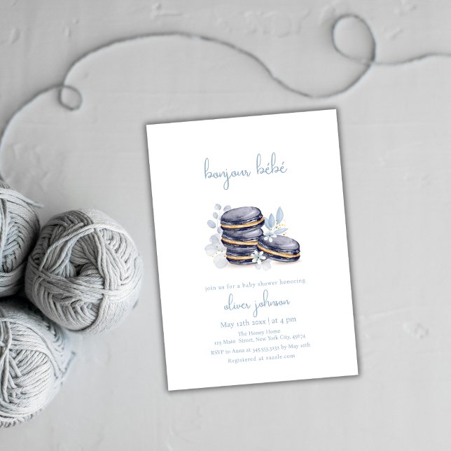 Convite Chá de fraldas francês Floral Bonjour Bébé Macaron (French Floral Bonjour Bébé Macaron Baby Shower Invitation)