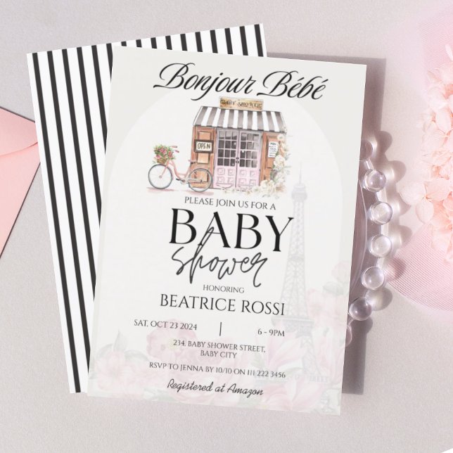 Convite Chá de fraldas Francês Parisiense Bonjour Bebe Par (Bonjour Bebe Paris Parisian France French Baby Shower Invitation)