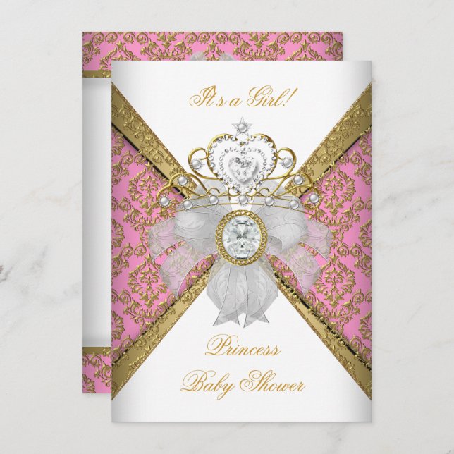 Convite Chá de fraldas Garota Branca Rosa Princesa Damasco (Frente/Verso)