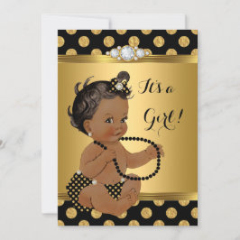 Convite Chá de fraldas Garota Ouro Folha Preta Pérolas Neg