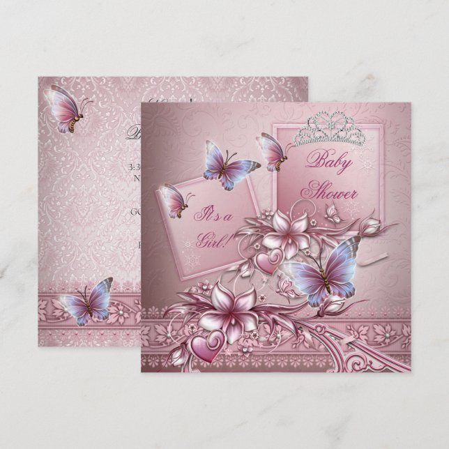 Convite Chá de fraldas Garota Rosa Princesa Borboleta (Frente/Verso)