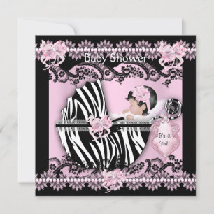Convite Chá de fraldas, Gatinha Rosa Zebra, Lace NOVO