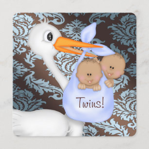 Convite Chá de fraldas Gêmeo Azul-Castanho e Azul-Damasco