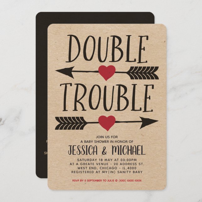 Convite Chá de fraldas Gêmeo com Problemas Duplos do Faux  (Frente/Verso)