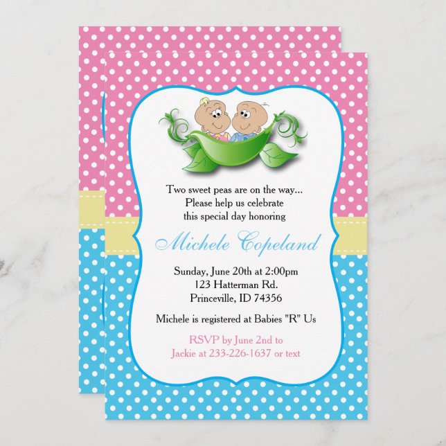 Convite Chá de fraldas Gêmeo - Duas Ervilhas Num Pod (Frente/Verso)