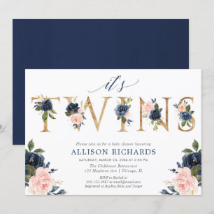 Convite Chá de fraldas gêmeo, gêmeo branco rosa azul flora