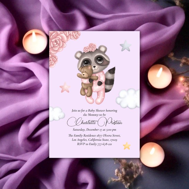 Convite Chá de fraldas Gentcoon Animal Girl (Gentle Raccoon Animal Girl Baby Shower Invitation)
