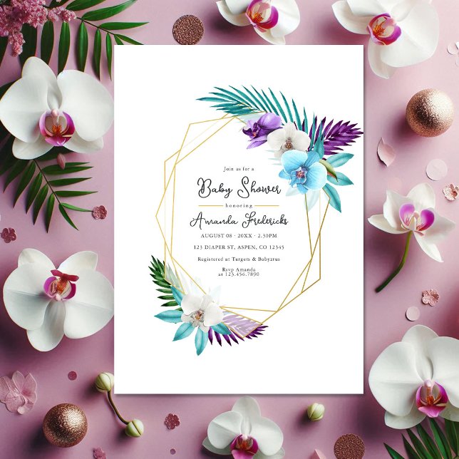 Convite Chá de fraldas Geométrico das Orquídeas Tropicais  (Watercolor Tropical Orchids Geometric Baby Shower Invitation)