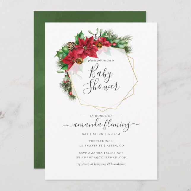 Convite Chá de fraldas Geométrico de Natal Floral (Frente/Verso)