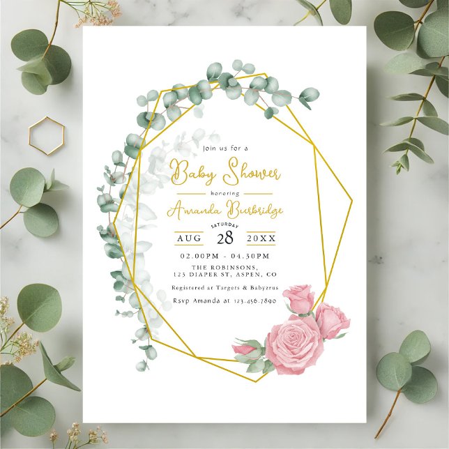 Convite Chá de fraldas Geométrico Dourado de Eucalyptus e  (Gold Geometric Eucalyptus & Pink Roses Baby Shower Invitation)
