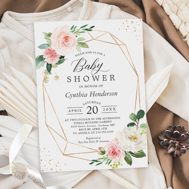 Convite Chá de fraldas Geométrico Dourado Floral com Blush (Criador carregado)