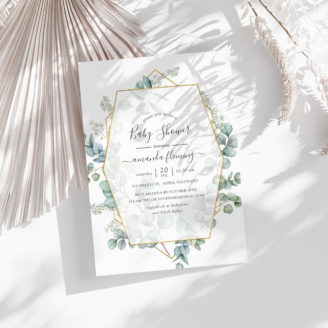 Convite Chá de fraldas Geométrico Eucalyptus (Watercolor Eucalyptus Geometric Baby Shower Invitation)
