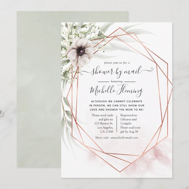 Convite Chá de fraldas Geométrico Eucalyptus por Correio (Frente/Verso)