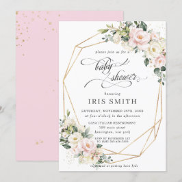 Convite Chá de fraldas Geométrico Floral de Blush, cor-de-