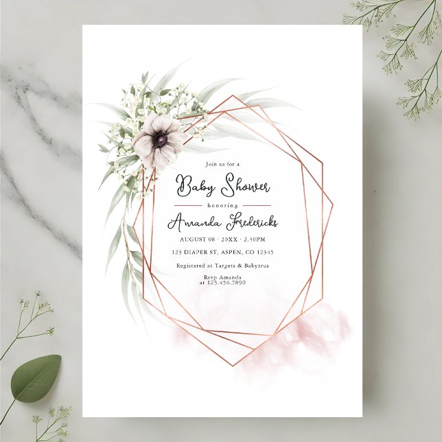 Convite Chá de fraldas Geométrico Floral Elegante (Elegant Geometric Floral Baby Shower Invitation)