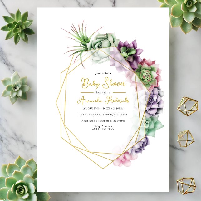 Convite Chá de fraldas Geométrico Moderno (Modern Succulent Geometric Baby Shower Invitation)