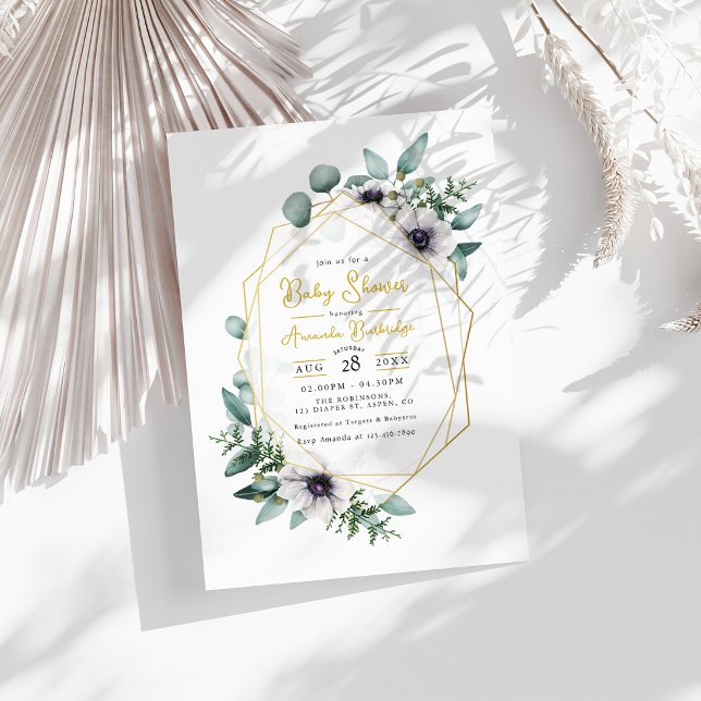 Convite Chá de fraldas Geométrico Pastel Eucalyptus Anemon (Pastel Eucalyptus Anemone Geometric Baby Shower Invitation)
