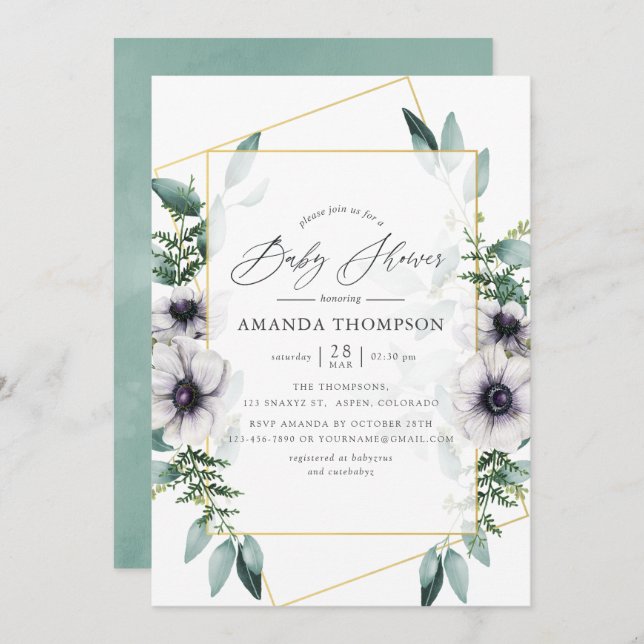Convite Chá de fraldas Geométrico Pastel Eucalyptus Anemon (Frente/Verso)