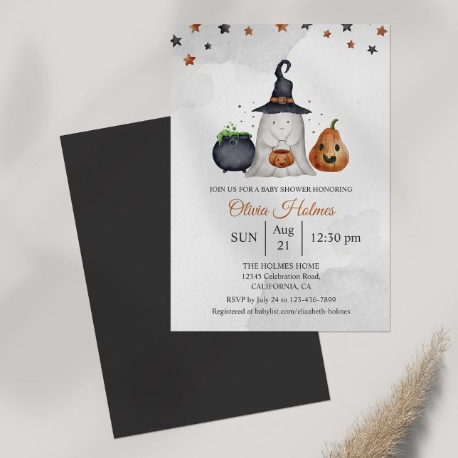 Convite Chá de fraldas Ghost Halloween (Halloween Baby Shower Invitation on grey table.)