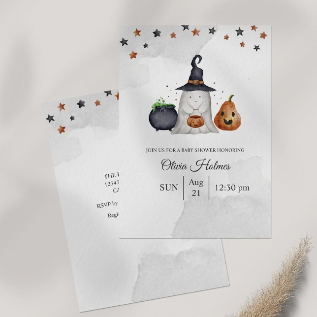 Convite Chá de fraldas Ghost Halloween (Halloween Baby Shower Invitation on gray table.)