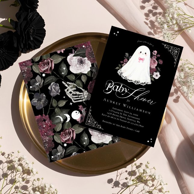 Convite Chá de fraldas Ghost Little Boo Floral Gótica (Girl Ghost Little Boo Floral Gothic Baby Shower Invitation)