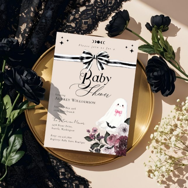 Convite Chá de fraldas Ghost Little Boo Floral Gótica (Girl Ghost Little Boo Floral Gothic Baby Shower Invitation)