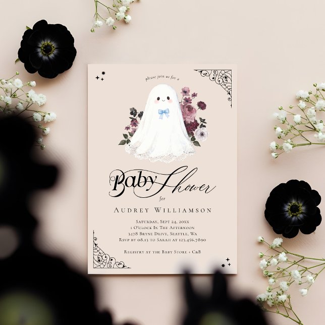 Convite Chá de fraldas Ghost Little Boo Floral Gótica (Boy Ghost Little Boo Floral Gothic Baby Shower Invitation)