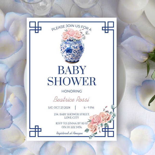 Convite Chá de fraldas Ginger Jar de Chinoiserie Azul (Blue Chinoiserie Preppy Ginger Jar Baby Shower Invitation)