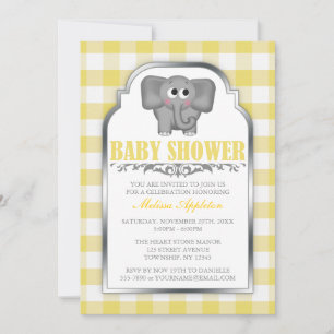Convite Chá de fraldas Gingham Amarelo-Elefante Cugado
