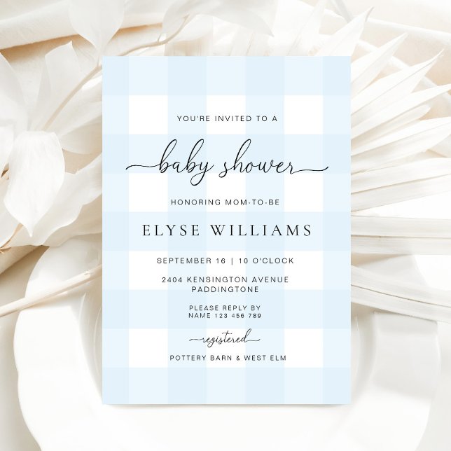Convite Chá de fraldas Gingham Azul (Baby Shower Invitation Blue Gingham )