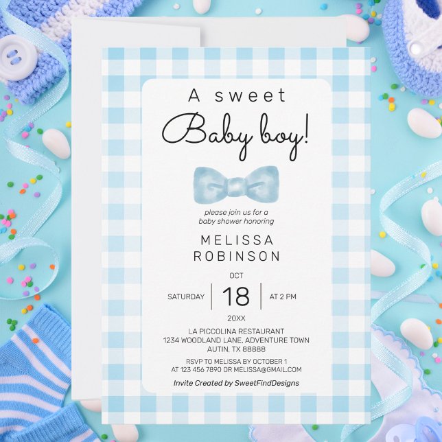 Convite Chá de fraldas Gingham Azul (Blue Gingham Baby Shower Invitation)