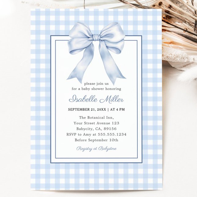 Convite Chá de fraldas Gingham Boy Arco Azul Clássico (Classic Blue Bow Gingham Boy Baby Shower Invitation)