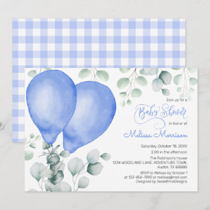 Convite Chá de fraldas Gingham Cute Ballons Azul