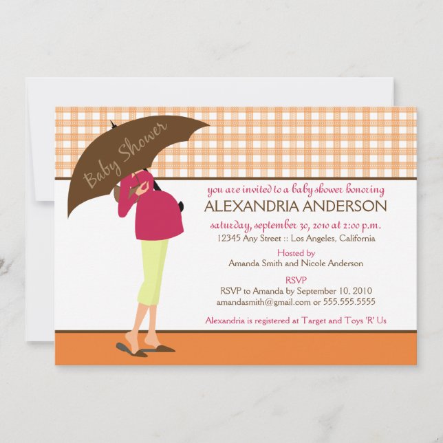 Convite Chá de fraldas Gingham da Mamãe Umbrella Invite (l (Frente)