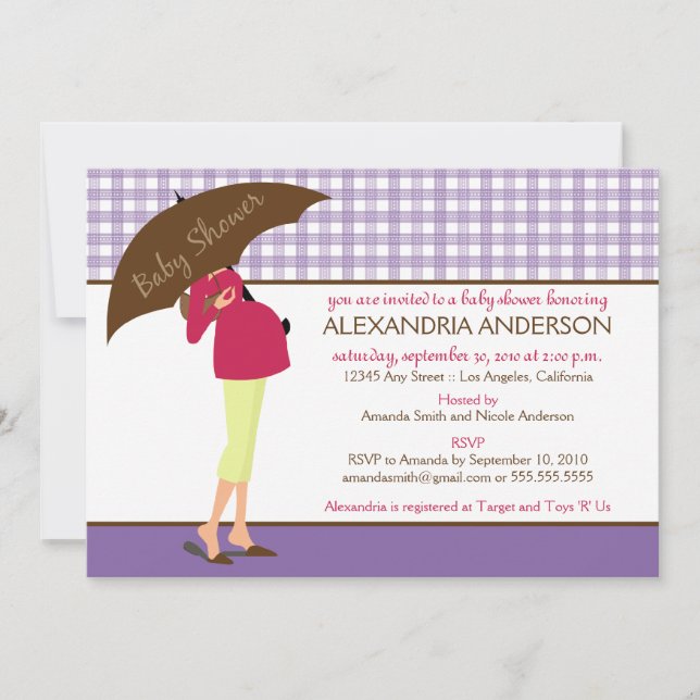 Convite Chá de fraldas Gingham da Mamãe Umbrella (roxo) (Frente)