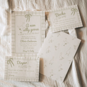 Convite Chá de fraldas Gingham Neutro De Ganso De Bobo Des