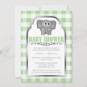 Convite Chá de fraldas Gingham Verde de Elefante Bonito