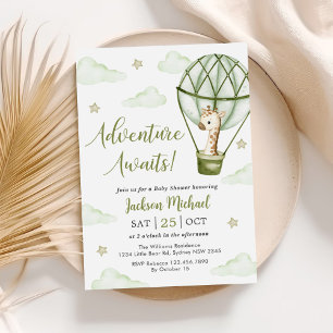 Convite Chá de fraldas Giraffe Hot Air Balloon Green Boy