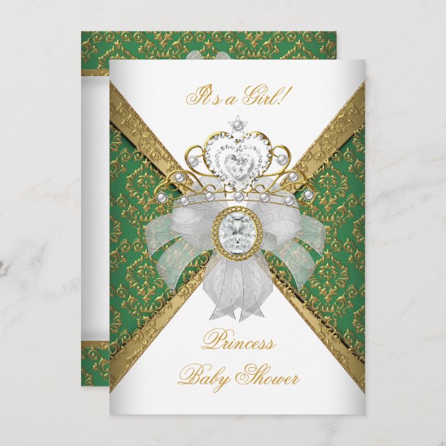 Convite Chá de fraldas Girl White Green Princess Damask (Frente/Verso)