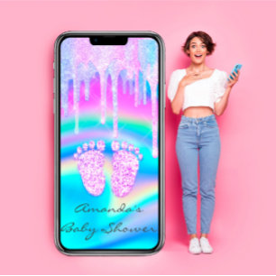 Convite Chá de fraldas Girly Feet Dripe Unicorn Holograph