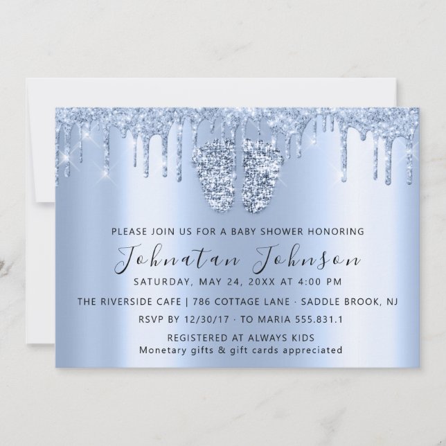 Convite Chá de fraldas Glitter Blue Feet Blue Boy (Frente)