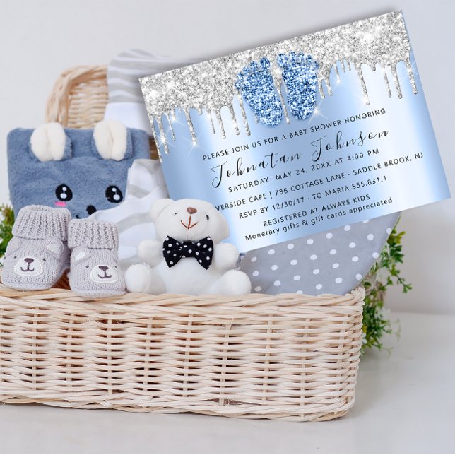 Convite Chá de fraldas Glitter Blue Feet Cinza Boy (Baby Shower Drips Glitter Blue Feet Gray Boy Girl Invitatio)