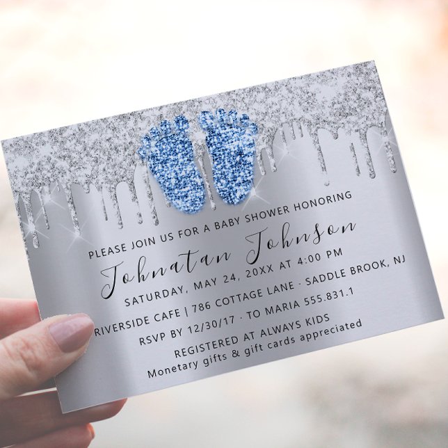 Convite Chá de fraldas Glitter Blue Feet Cinza Boy (Baby Shower Drips Glitter Blue Feet Gray Boy Girl Invitation)