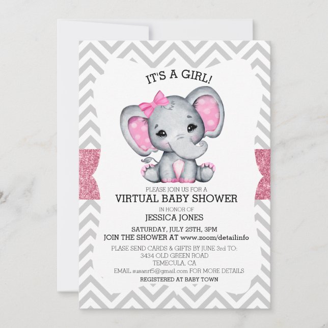 Convite Chá de fraldas Glitter do Elefante Rosa Virtual (Frente)