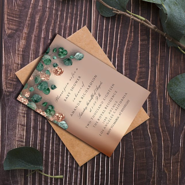 Convite Chá de fraldas Glitter Rosa de Pés Glitter Eucalyp (Baby Shower Glitter Feet Rose Glitter Eucalyptus Invitation)