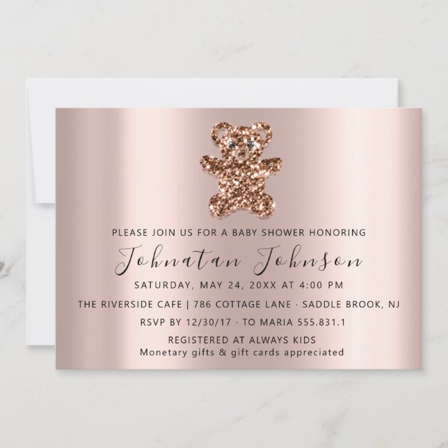 Convite Chá de fraldas Glitter Rosa Doce Urso Menino Invit (Frente)